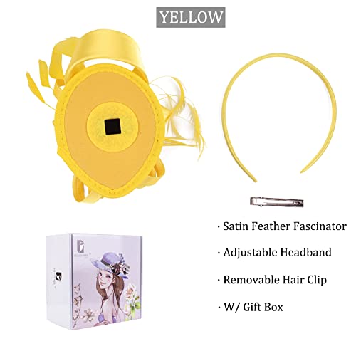 FELIZHOUSE Fascinator Hats for Women Ladies Feather Cocktail Party Hats Bridal Headpieces Ascot Fascinator Headband (#1 Satin Yellow)