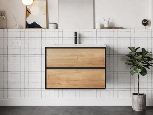 Vente-unique - Meuble de Salle de Bain Suspendu avec Vasque à encastrer - Coloris Naturel Clair et Noir - 80 cm - LANNICK