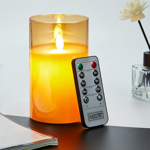 AnnTec LEDキャンドルライト ロウソク LEDキャンドル ろうそく 電池式 専用リモコン付き 明るさ調整 自動消灯 タイマー 本物の炎のようにゆらめく 暖色光 火を使わない ゆらゆら揺れる 安全 省エネ ガラス ゴールド (直径7.5cm×高さ10