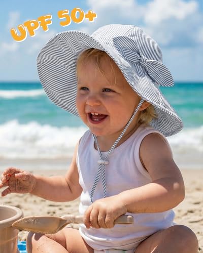 HONGTEYA Baby Sun Hat Cotton Stripe Bow Wide Brim Toddler Beach Bucket Hat - image 2