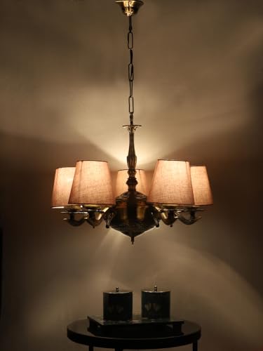 Image of Devansh 05 Lights Grey conical Cotton Shade with Antique Golden Chandelier