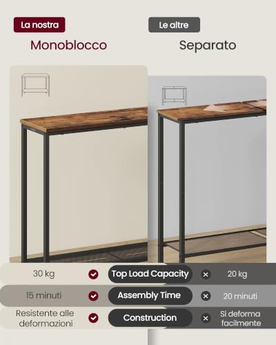 VASAGLE Tavolo Consolle, Tavolo da Ingresso, Piano in un Unico Pezzo, per Corridoio, Camera da Letto, Soggiorno, 2 Ripiani, 24 x 80 x 81,2 cm, Marrone Vintage e Nero Inchiostro LNT036KD01 - Immagine 4