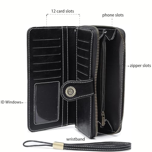 Image of Women Leather Wallet Crossbody Shoulder Bag with Double Zipper and Mobile Phone Purse with Shoulder Strap