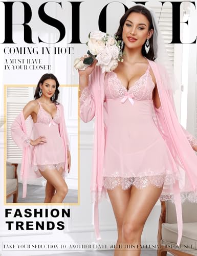 Image of RSLOVE Women Sexy Lingerie Set 3 Piece Babydoll & Lace Kimono Robe Strap Chemise Sleepwear Mesh Nightgown