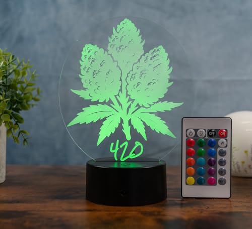 Optechvisual 420 Lampe Cannabis Nachtlicht – Hanfblatt LED Lampe | Weed Geschenk Stoner Deko Marijuana Light für Wohnzimmer Schlafzimmer Party Smoking Room