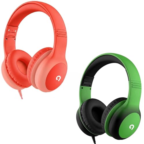 ADOOPE Kids Wired Headphones Bundle, USB C On-Ear Headset for School and Travel, Includes Coral Red & Matte Green/Black Headphones, 2-Pack