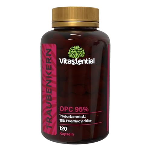 Vitassential OPC 95% - Traubenkernextrakt hochdosiert – reines Antioxidans, für Haut & Haare, Premiumqualität, langanhaltender Vorrat, bestens verträglich - 120 Kapseln