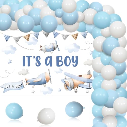 Wonmelody Airplane Baby Shower Decorations for Boys Vintage Airplane Baby Shower Backdrop It's A Boy Banner Retro Airplanes Balloon Garland Kit Transport Vehicle Theme Decor for Newborn Party