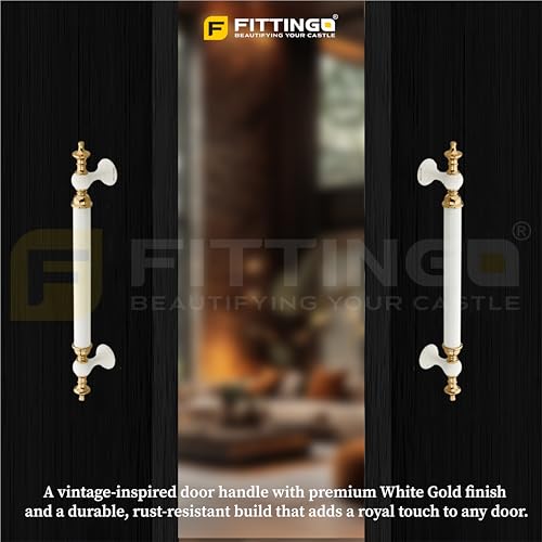 Image of Vintage Royal Main Door Handle | 8 Inch Premium Pull Push Handle for Home, Office, Hotels & Villas | Stainless Steel White Gold Finish |Hole to Hole 200mm | 3 Years Warranty