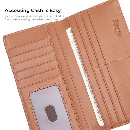 Image of Alldaily Bifold Slim Long Wallet for Men RFID-Blocking Thin Card Holder with ID Window (Leather Brown)