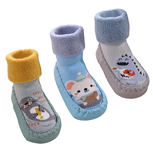 SEAUR 3 Pairs Toddler Slipper Socks Anti Skid Baby Sock Shoes for Walking Infant Moccasins Animal Crib Shoes Sock With Grips