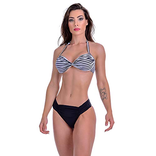Biquíni Cintura Alta Com Bojo Meia Taça Listrado Branco e Preto Summer Soul (GG)