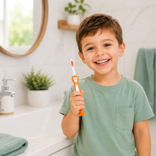 Image of Toothbrush for Kids with Ultra Soft Bristles for Oral Cleaning, Suitable For 2-12 Years Toddlers, Lion Design, Orange Pack of 1