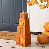 Glitzhome Nestable Stacked Pumpkin Boxes, 25.5 Inch Reversible Fall & Halloween Porch Sign - Double Sided Wood Farmhouse Decor for Outdoor Indoor