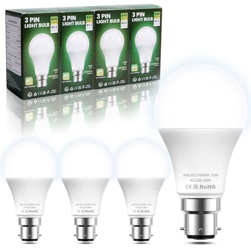 BrightArk BC3 3 Pin Light Bulbs,4 Pack 10W Energy Saving LED Light Bulb,75W Equivalent,15,000hrs Lifetime,Non Dimmable,6500k Cool White A60 LED Bulbs for Ceiling,Landing Light,Hallway