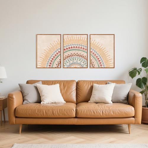 HPINUB Boho Sun Framed Canvas Wall Art Set, (Set of 3,12X16 Inch) Mid-Century Modern Wall Decor, Minimalism Bohemian Wall Painting, Abstract Geometric Pattern Art Print for Living Room,Bedroom,Office