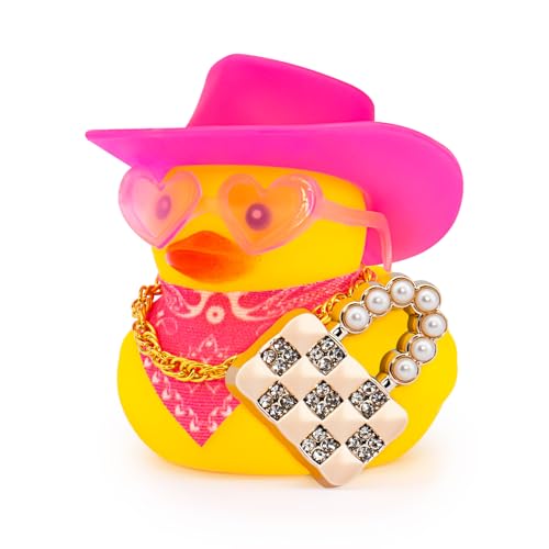 wonuu Pink Car Rubber Ducks for Women, Mini Lady Ducky with Top-Handle Bags Wallets, Heart-Shaped Sunglasses, Bandana, Necklace (Pearl Crystal Bag Gold)