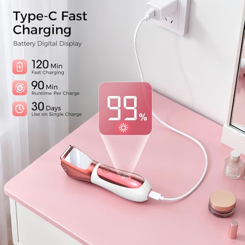 Image of Bikini Trimmer for Women, 2 in 1 Electric Razors Shaver, IPX7 Waterproof Body Hair Trimmer with Mirror, LED Light & Display, Painless Pubic Hair Removal, White