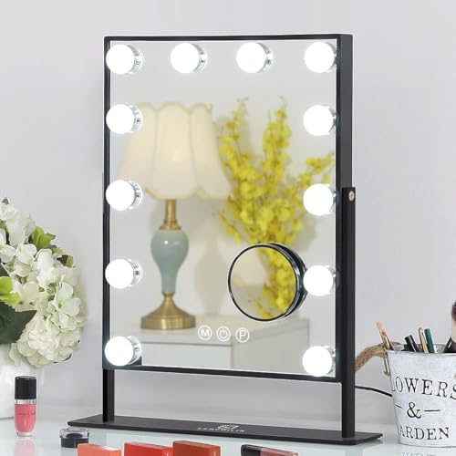 FENCHILIN Lighted Makeup Mirror Hollywood Mirror Vanity Makeup Mirror with Light Smart Touch Control 3Colors Dimable Light Detachable 10X Magnification 360°Rotation(Black)