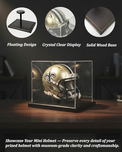 Image of Mini Helmet Display Case with Solid Wood Base - Floating Design Clear Fully Assembled Acrylic Box for 1:2 Scale Football Helmets, Dustproof Memorabilia Showcase (Dark Walnut)