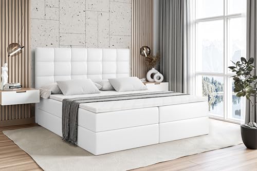 ALTDECOR Boxspringbett mit Matratze und Lattenrost, Boxbett, Topper, Polsterbett mit Bettkasten, Bett mit Stauraum H4-Matratze, Doppelbett, Springboxbett - BRUGO - 160x200 - Weiß Kunstleder