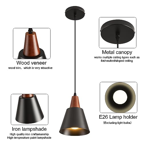 Luces colgantes para isla de cocina industriales negras con cúpula de madera techo 2 pack 5