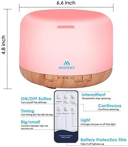 Diagram showing the dimensions of the MISERWE 500ml diffuser: 6.6 inches wide and 4.8 inches high
