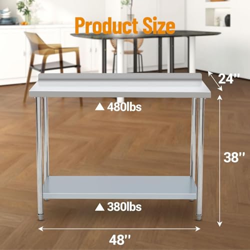 TrailBlaze Food Prep Stainless Steel Table, 48x24x38 Inch Stainless Steel Worktable with Backsplash, Heavy Duty Metal Work Table with Undershelf, Commercial Workstation for Kitchen Restaurant Garage - Thumbnail 3
