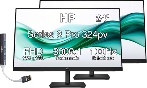 Image of HP 24 inch Series 3 Pro 324pv FHD VA Monitor, Anti-Glare, Flicker Free, 2Pack | VESA Moun(100mm), 5ms Response Time, 250 nits Brightness, VGA, HDMI & Dockztorm USB Port Expander, Black (9U5C1AA#ABA) 2 Pack
