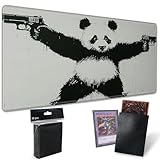 Playmats for Magic: The Gathering MTG Card Game Mat Plus 50 Pcs Card Sleeves, 24 x 14 inch TCG Mat with Stitched Edge for Commander Deck Duskmourn Board Game, Panda with Guns