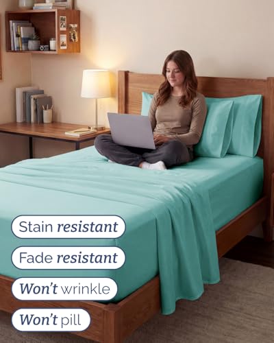 Image of Extra Deep Twin XL Sheet Set - 4 Piece Breathable Cooling Sheets - Spa Blue | Hotel Luxury Bed Sheets Set, Easy & Secure Fit, Ultra-Soft, Wrinkle & Fade Free, Comfy Sheets Set with Extra Deep Pockets