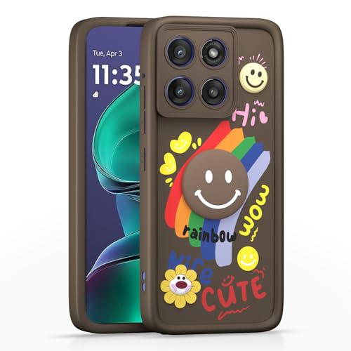 Image of Pikkme Back Cover for Motorola Moto Edge 60 Stylus 5G | Soft Silicone| Cute Rainbow Smile & 3D Cartoon Flower Design | Shockproof Raised Camera Protection Bumper Case (Brown)