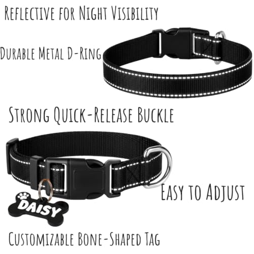 Image of PawPro Handmade Reflective Dog Collar Leash Set with Custom Bone Name Tag, Adjustable Soft Nylon Pet Collar for Medium Dogs, Personalized Reflective Dog Walking Set, 13-21 Inch (Black-Medium)