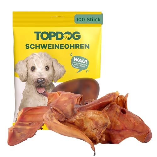 Topdog XL Schweineohren Hunde 100 Stück - Ganze getrocknete Schweineohren für Hunde ohne fettige Muschel - 100% natürlich aus Deutschland - Langanhaltender Kauspaß mit Genuss und Pflege