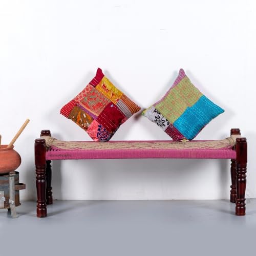 Image of Wooden Bench for Seating | Handcrafted Sheesham Wood Bench for Living Room, Balcony & Garden | Traditional Patio for Outdoor with Cotton Handwoven Rope | Beige and Pink