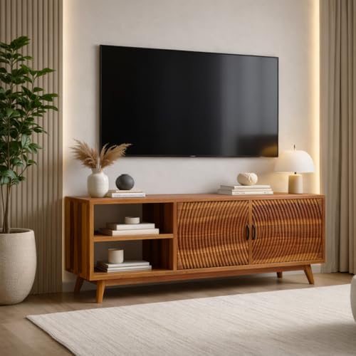 Image of DRIFTINGWOOD Magnus Solid Sheesham Wood TV Console for Upto 55 Inch TV, Entertainment Center with Cabinets & Shelves, Honey Finish
