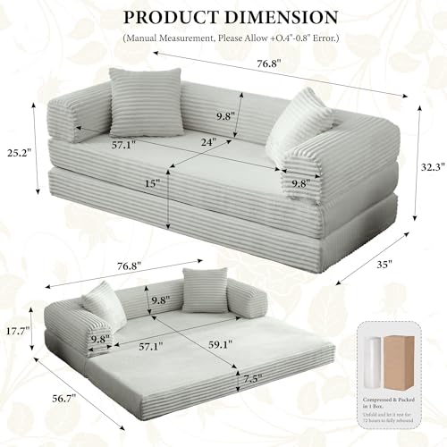 Image of Boneless Couch Futon Sofa Bed Sectional Couches for Living Room,Cloud Couch with Sleeper Sofa,Sofas for Living Room Oversized Corduroy Upholstered (Light Grey, 76 Inches (No Iron Frame))