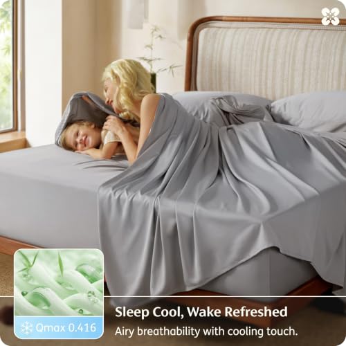 Image of Bedsure 100% Organically Grown Bamboo Viscose King Size Sheets Set | Cooling Bedsheets for Hot Sleepers | Luxury Silky Soft PureWoven | 18 inch Deep Pocket with Corner Straps | Oeko-Tex Certified [Grey]