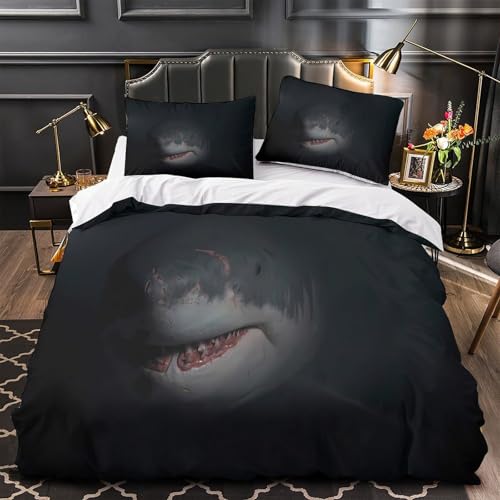 Housse de couette requin 3D lit 1 personne parure de lit microfibre avec zip