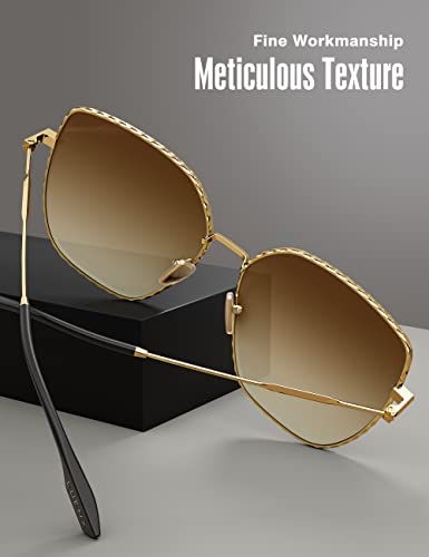 Image of LUENX Square Sunglasses for Women Oversized-Trendy Polygon Flat Three dimensional Rhombic Loop Wire Frame PC Lens, Gold Frame /Gradient Brown Lens,