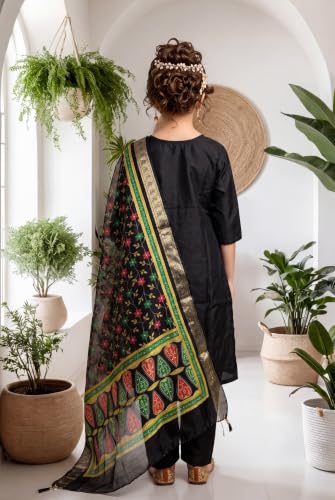 Image of Girls Cotton Blend Embroidered Kurta Pant with Printed Banarasi Style Dupatta Set | Festive Ethnic Wear for Kids | Traditional Suit Set for Girls (4-14Years)