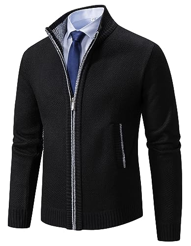 Men's Cardigan Sweaters Full Zip Up Stand Collar Slim Fit Casual Knitted Sweater with 2 Front Pockets