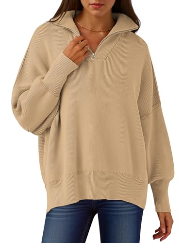 Image of ANRABESS Womens Oversized Quarter Zip Pullover Sweaters | Fall Fashion Outfits, Long Sleeve Slit Side, Baggy Loose Fit, 1 /4 Zip Lapel Collared, Ribbed Knit Soft Warm Winter Clothing