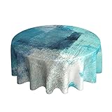 Yilad Teal Grey Abstract Art Painting Round Tablecloth Washable Reusable Decoration Table Cover for Kitchen Party 60'