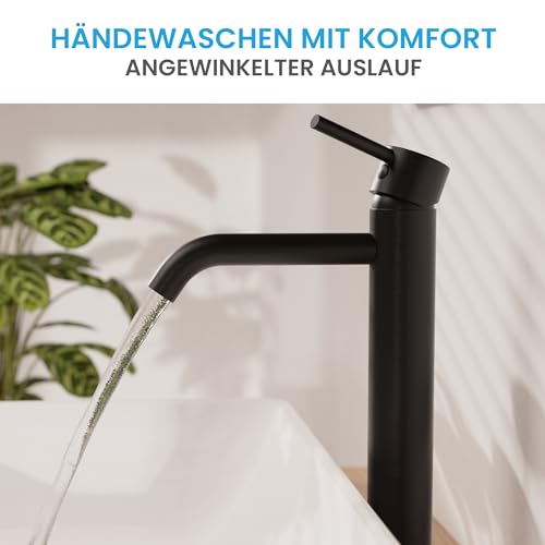 Bächlein Badarmatur Susara hoch mit gebogenem Auslauf, Extra hoher Design Einhebelmischer für Aufsatzwaschbecken mit langlebiger Keramikkartusche und Montage-Set, Bad Wasserhahn Matt Schwarz