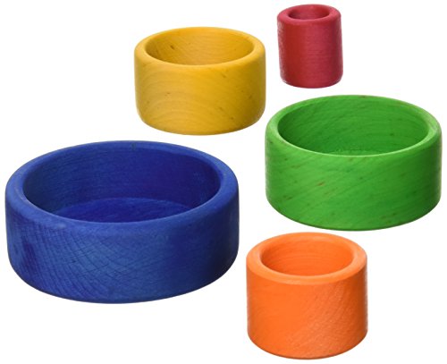 Grimm's Set of 5 Small Wooden Stacking & Nesting Rainbow Bowls, Blue Outside