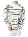 BEAUDRM Men's Graphic Print Drop Shoulder Pullover Sweaters Crew Neck Long Sleeve Loose Fit Sweater Black and White Medium