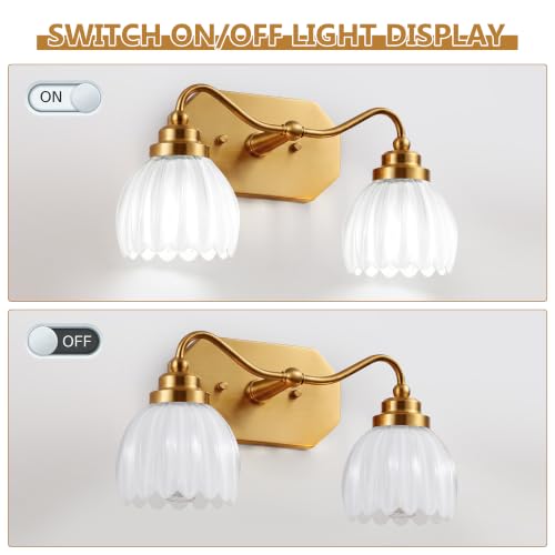 Image of Vintage Gold Vanity Lights, 2 Light Milk White Tulip Crystal | Antique Brass Finish, Brushed Gold Bathroom Light Fixtures, Wall Sconce Ideal for Bedroom, E26 Compatible, Easy Install