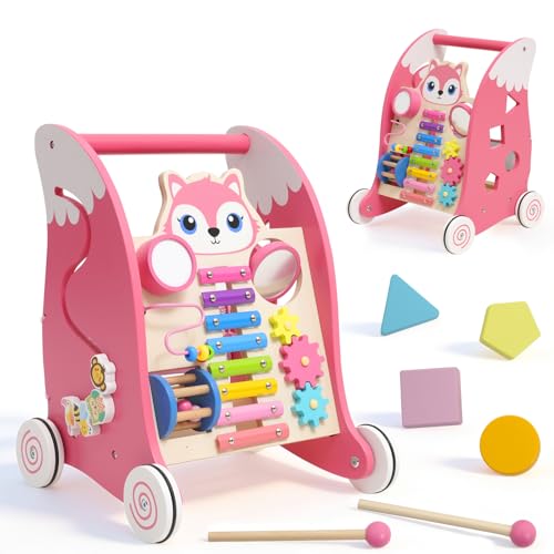 Euleuy Andador Madera Bebe Con Características Montessori Multifuncionales Tacata Bebe Con Xilófono, Instrumentos Musicales Y Clasificador De Formas.Correpasillos Bebe 6-12 Meses Rosa .
