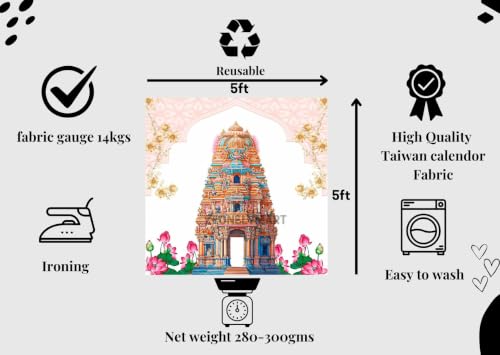 Image of Gopuram Temple Backdrop | Traditional Housewarming (Griha Pravesh) Temple Backdrop Decoration | varalakshmi Backdrop Cloth for Decoration Pooja 5x5 feet